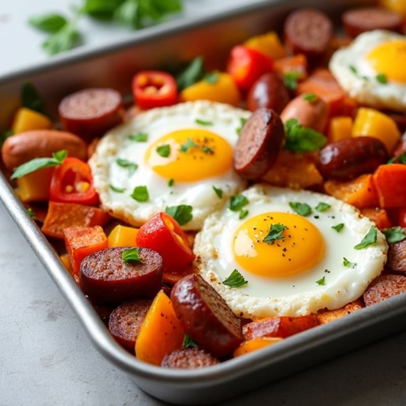 Sheet Pan Eggs with Roasted Sweet Potatoes and Bell Peppers