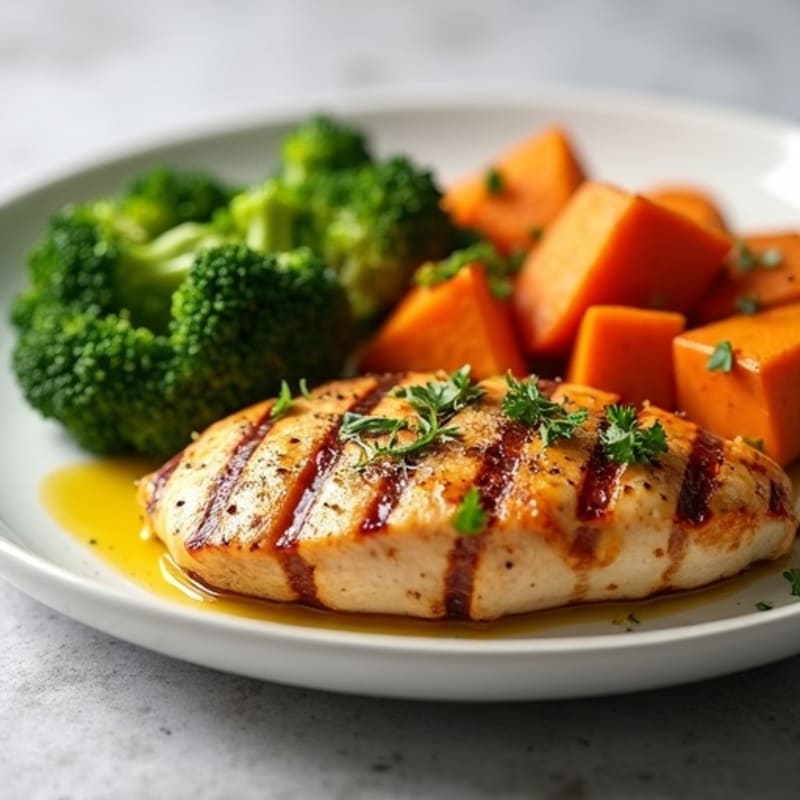 Grilled Chicken Breast with Roasted Sweet Potato and Steamed Broccoli