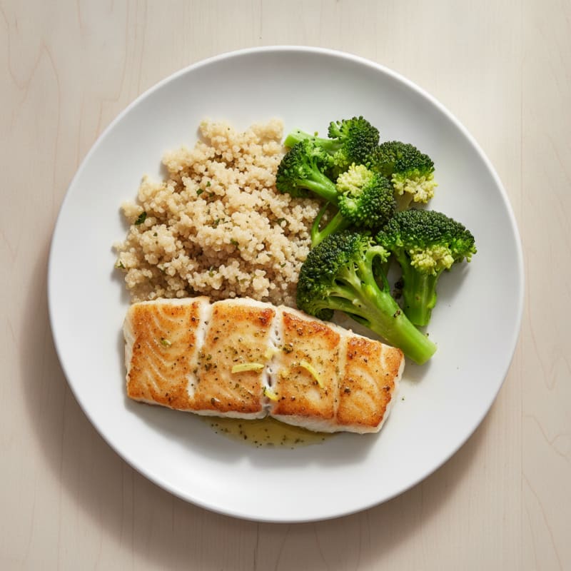 Seared Cod with Steamed Broccoli and Quinoa