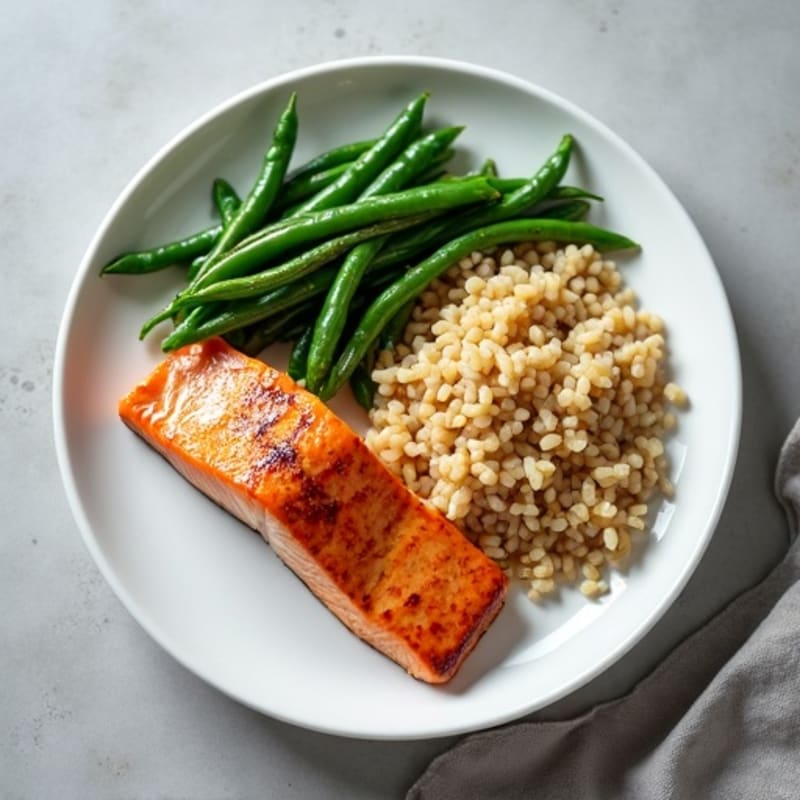 Seared Salmon with Garlic Green Beans and Brown Rice
