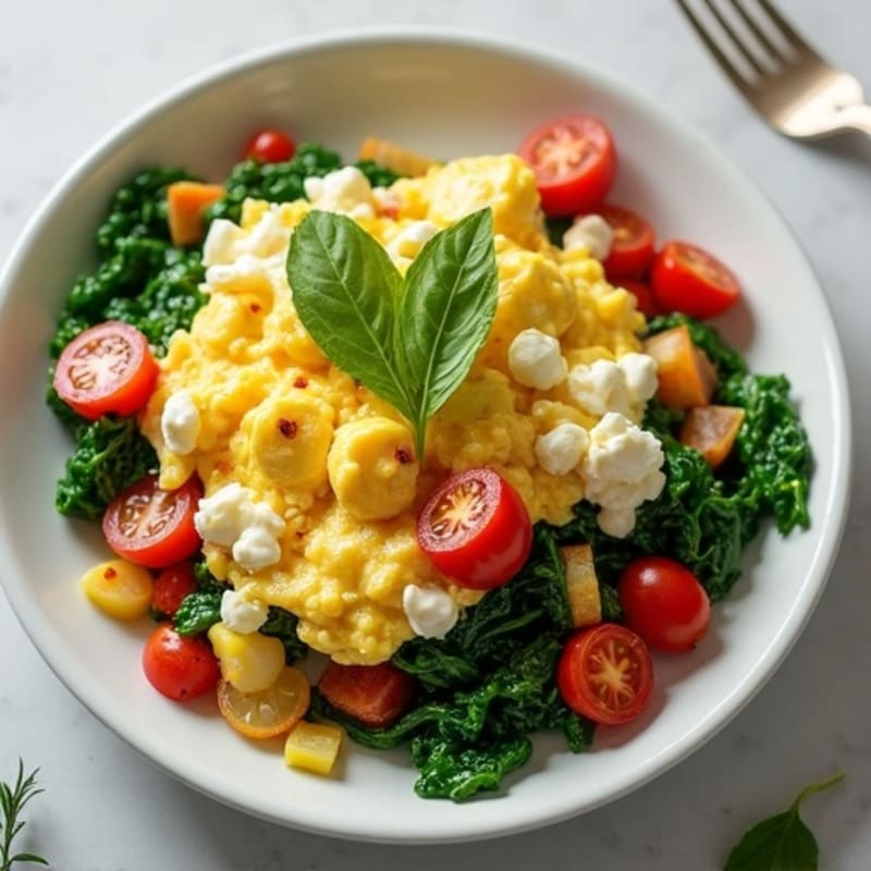 Egg White Veggie Scramble with Cottage Cheese and Sautéed Spinach