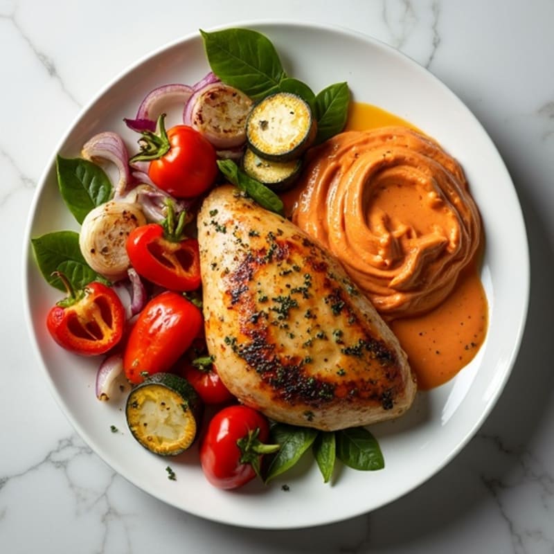 Herb-Roasted Chicken with Crispy Roasted Vegetables and Creamy Roasted Red Pepper Hummus