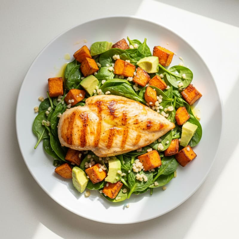 Grilled Chicken with Roasted Sweet Potatoes and Bulgur Salad