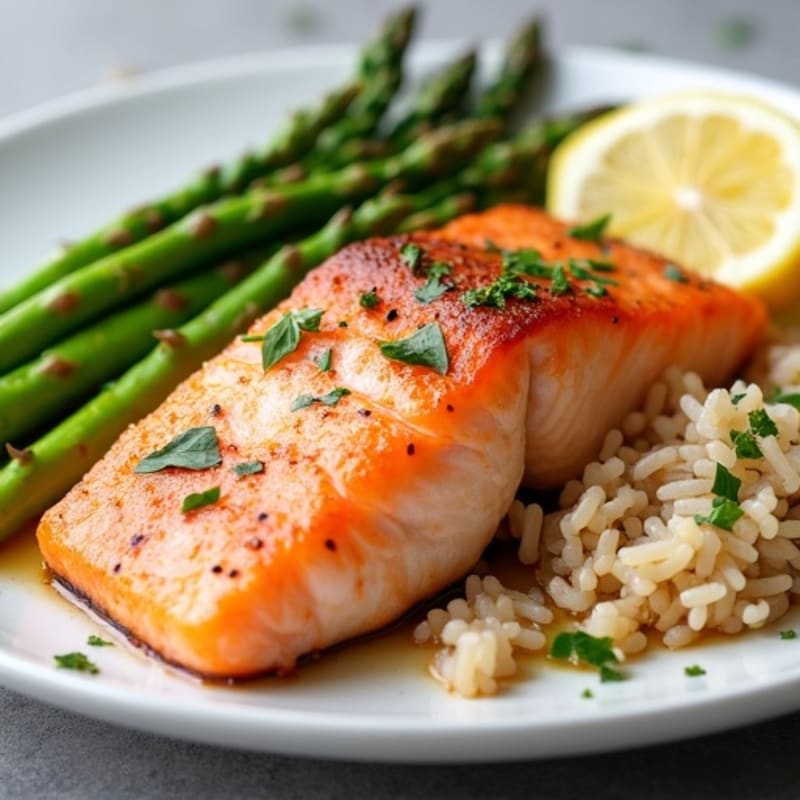 Seared Salmon with Steamed Asparagus and Brown Rice