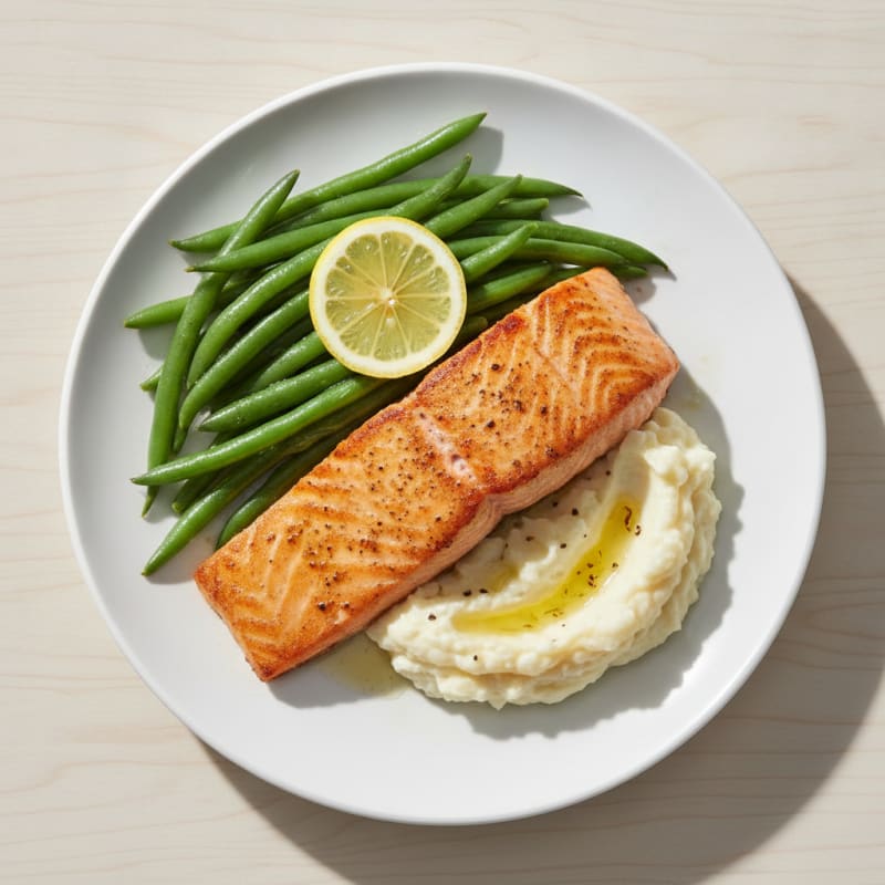 Seared Salmon with Steamed Green Beans and Garlic Mashed Cauliflower