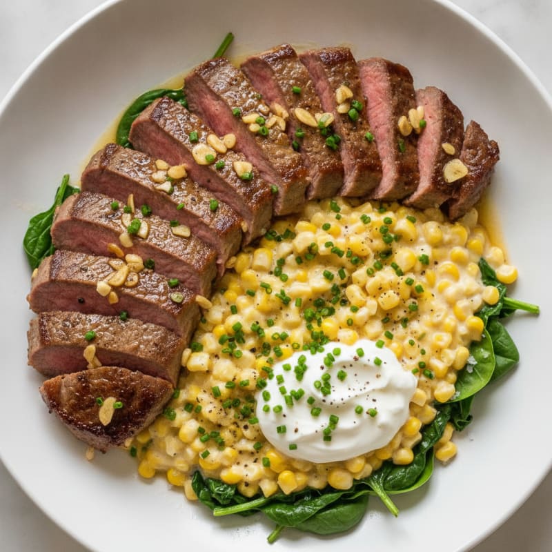 Garlic Butter Scotch Fillet with Creamed Corn