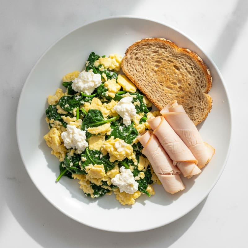 Egg White and Spinach Scramble with Cottage Cheese and Sliced Turkey