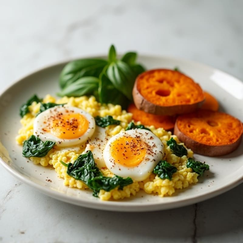 Egg White and Turkey Spinach Scramble with Roasted Sweet Potato