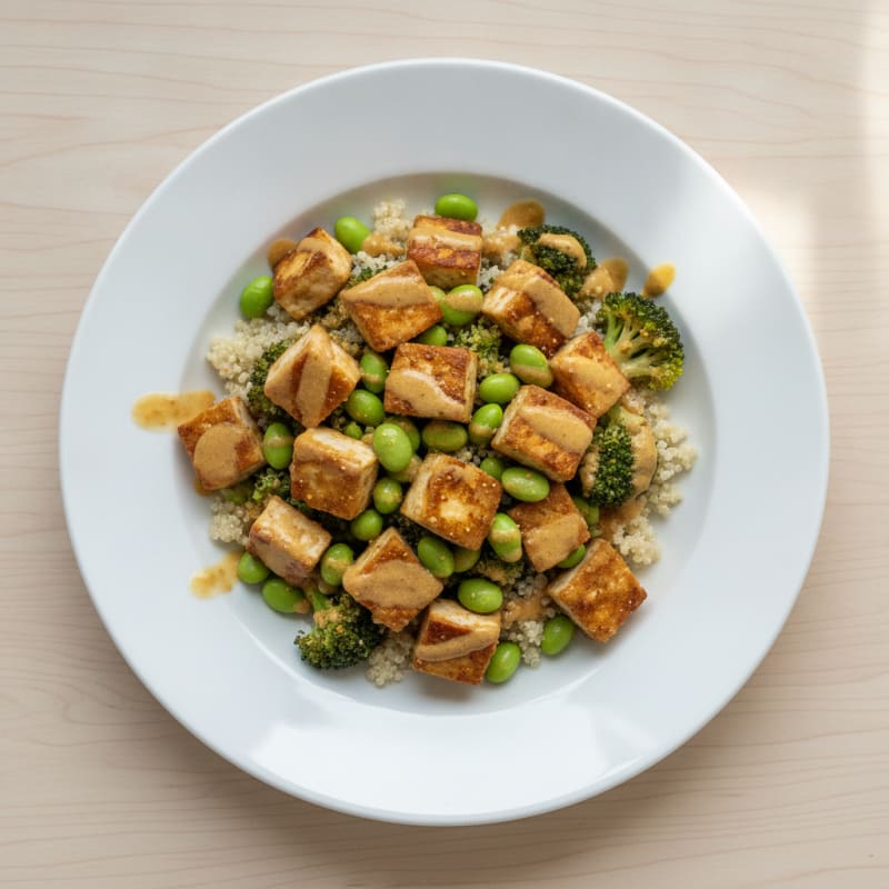 Crispy Tofu and Edamame Power Bowl with Ginger-Soy Dressing