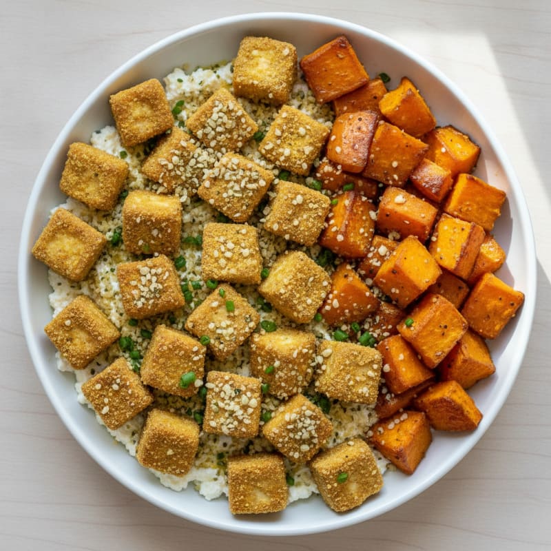 Baked Tofu with Roasted Sweet Potato