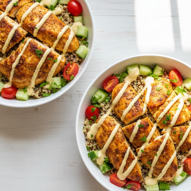 Crispy Lemon-Herb Chicken Shawarma Bowls
