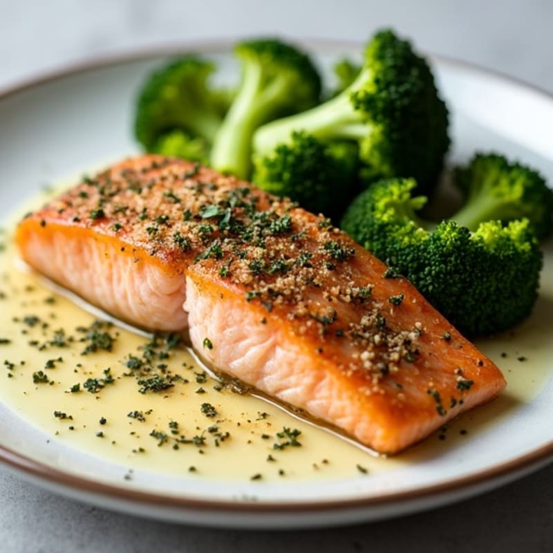 Herb-Crusted Pan Seared Salmon with Roasted Broccoli