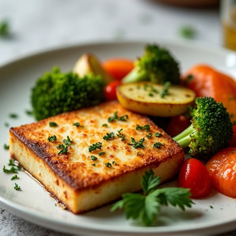 Pan-Seared Herbed Tofu Steaks with Roasted Vegetables