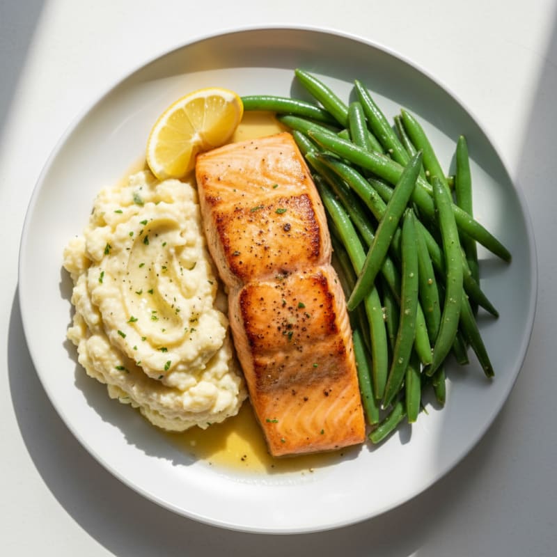 Seared Salmon with Steamed Green Beans and Garlic Mashed Cauliflower