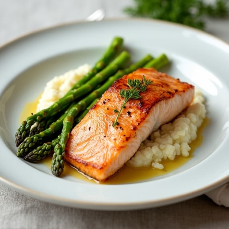 Seared Salmon with Steamed Asparagus and Cauliflower Mash