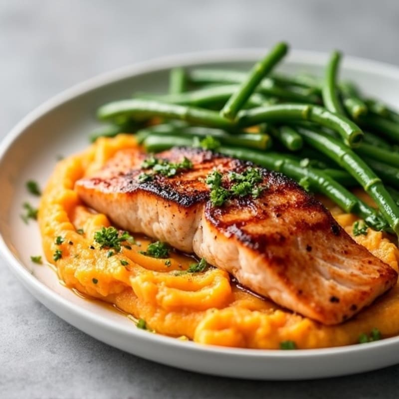 Seared Salmon with Garlic Green Beans and Sweet Potato Mash