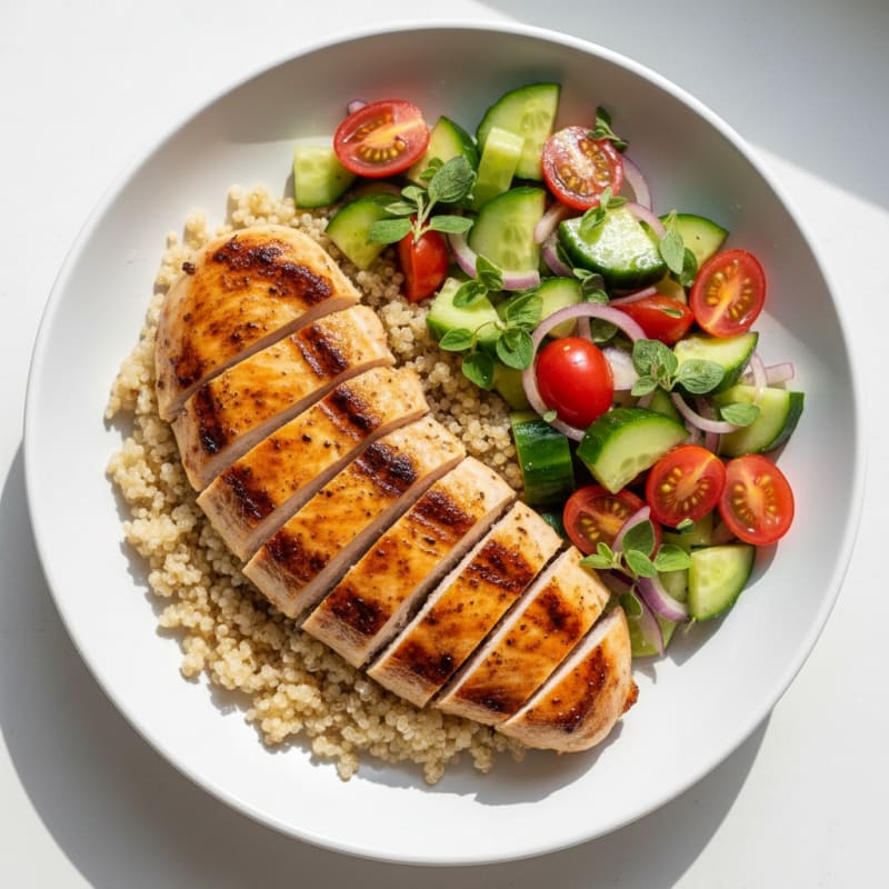Grilled Chicken Breast with Quinoa and Crunchy Cucumber-Tomato Salad