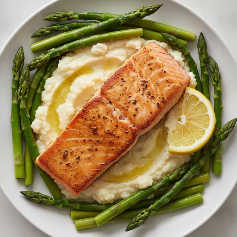 Pan-Seared Salmon with Steamed Asparagus and Cauliflower Mash