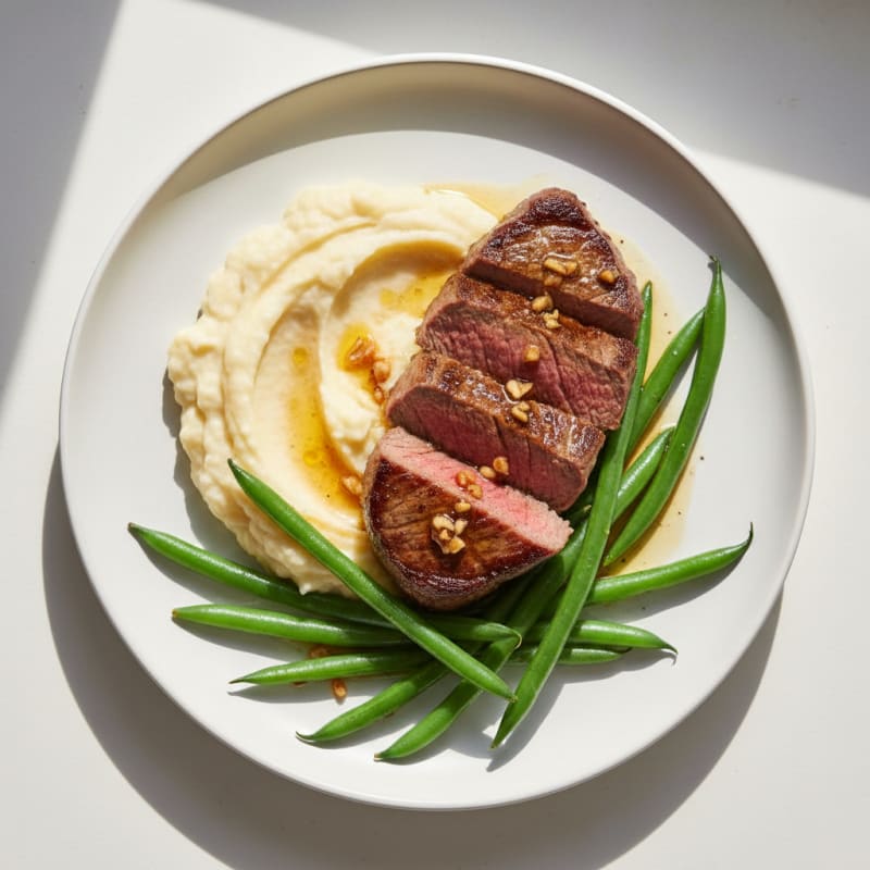 Seared Lean Beef with Steamed Green Beans and Cauliflower Mash
