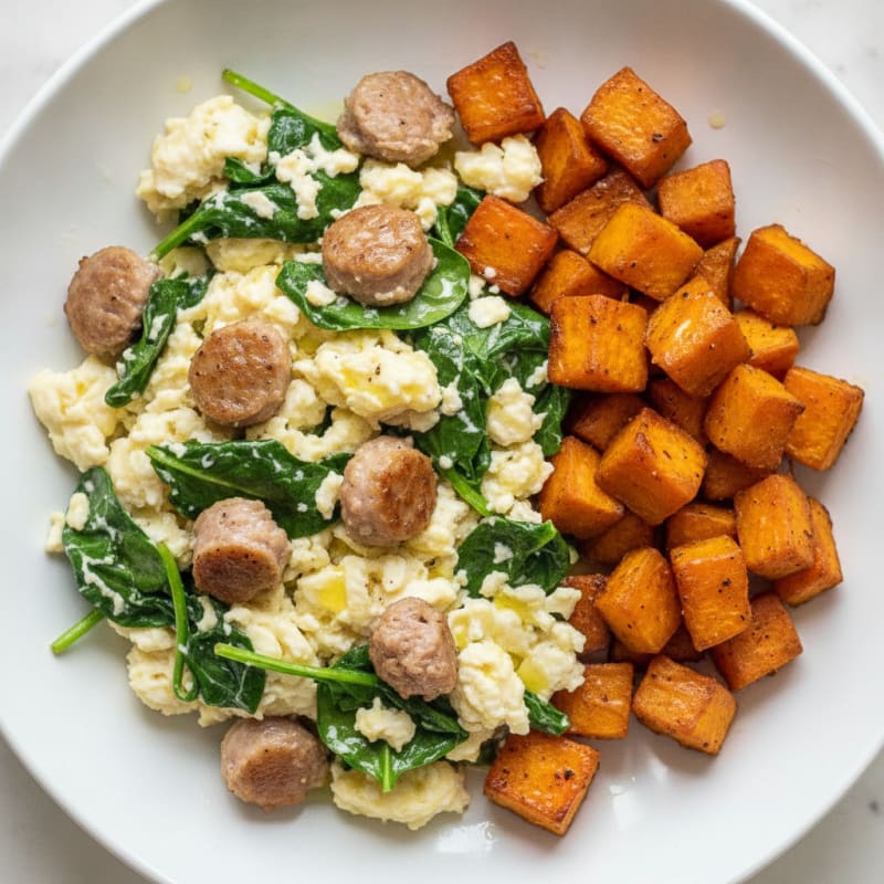 Egg White and Turkey Sausage Scramble with Spinach and Roasted Sweet Potato