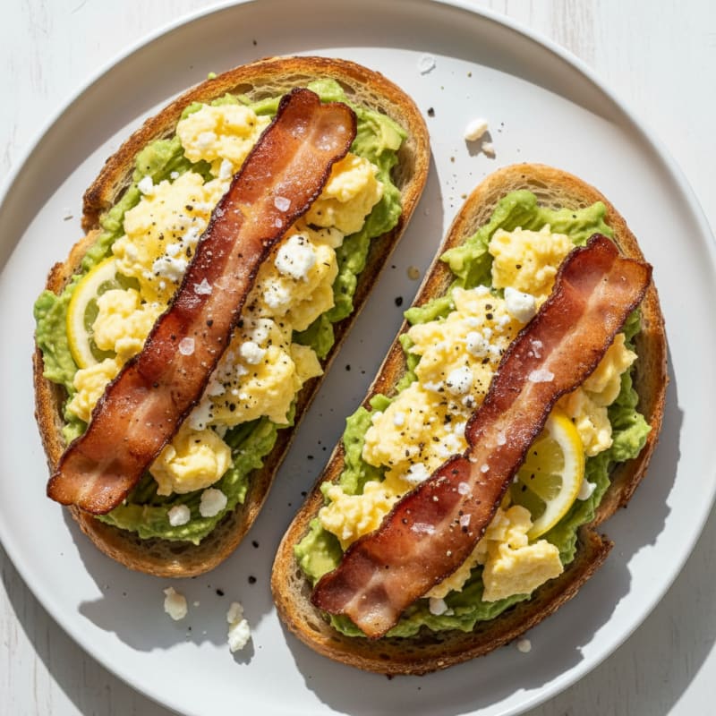 High-Protein Sourdough Toast with Eggs, Avocado, and Bacon