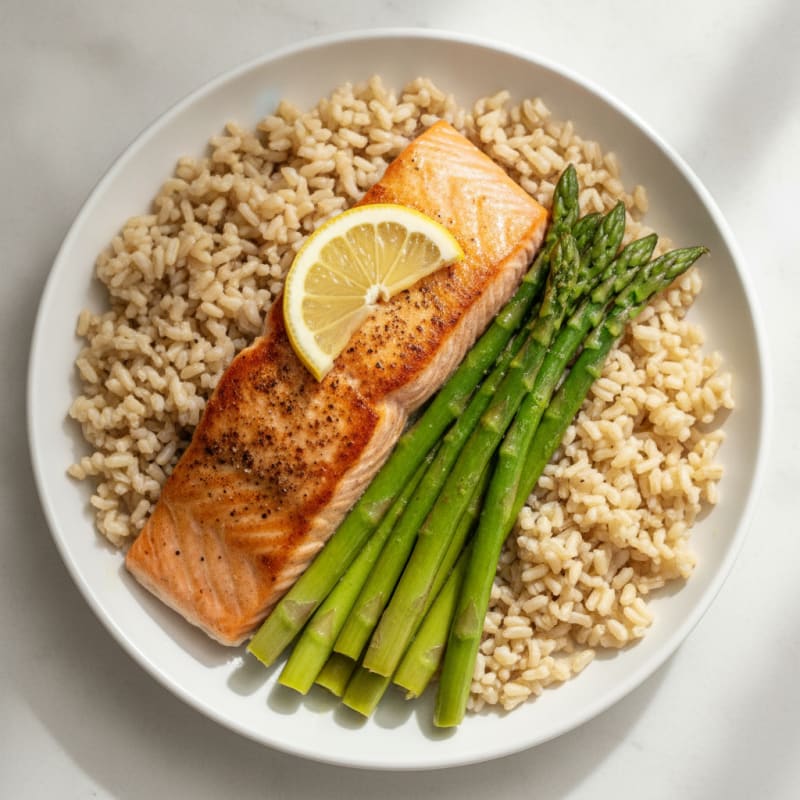 Pan-Seared Salmon with Steamed Asparagus and Brown Rice