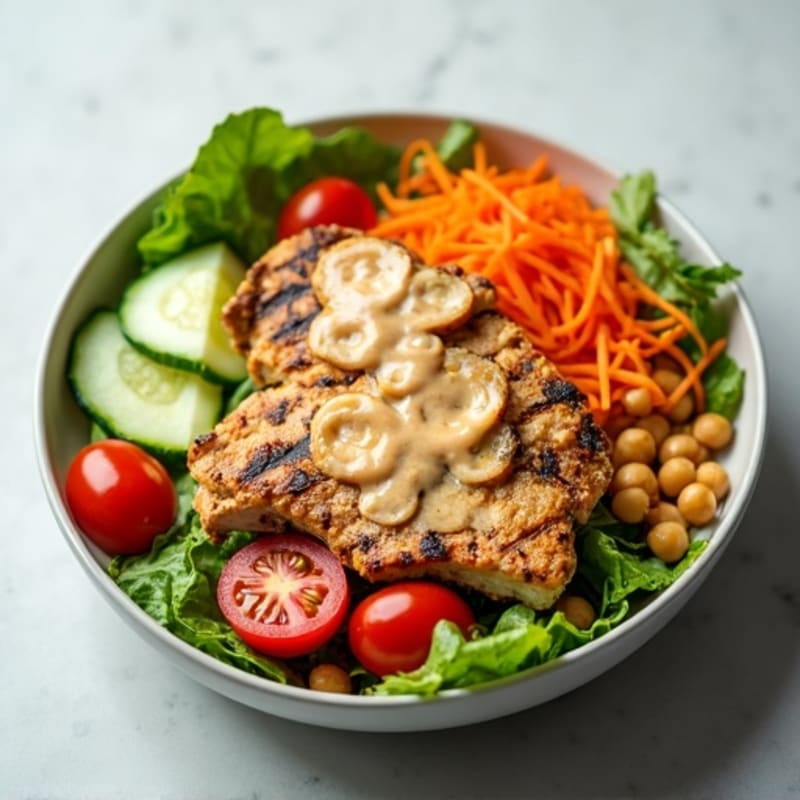 Grilled Chicken Power Salad with Crunchy Veggies and Creamy Tahini Dressing