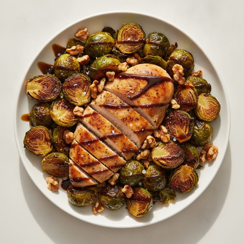 Balsamic-Glazed Brussels Sprouts with Toasted Walnuts and Roasted Chicken