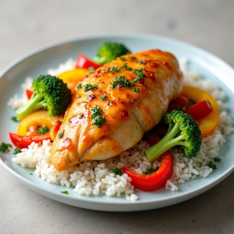 Chicken with Sweet and Tangy Sauce, Sautéed Vegetables, and Rice