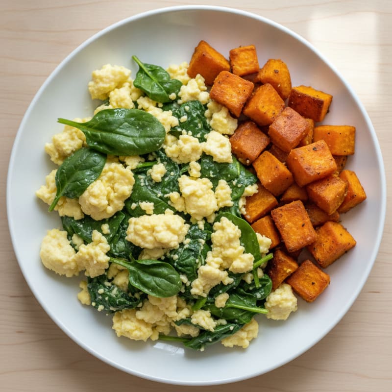 Cottage Cheese Scramble with Spinach and Roasted Sweet Potato
