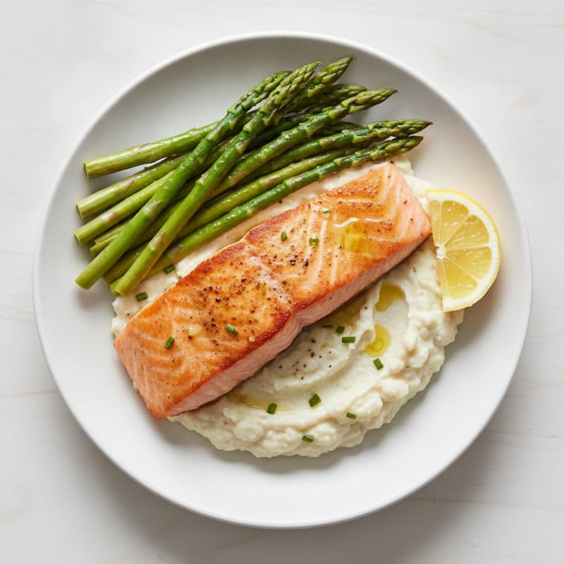 Seared Salmon with Steamed Asparagus and Garlic Cauliflower Mash