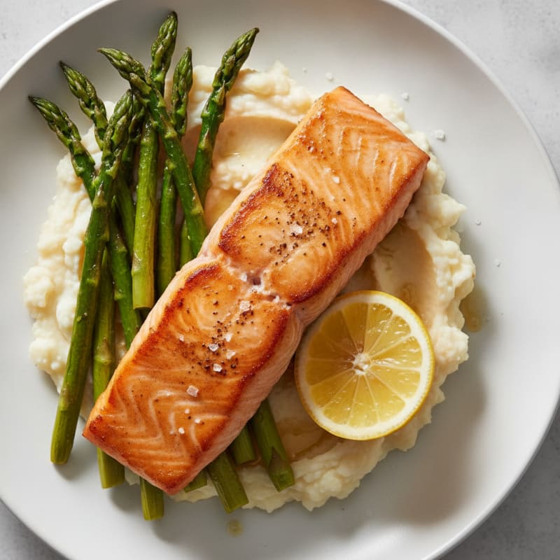 Seared Salmon with Roasted Asparagus and Cauliflower Mash