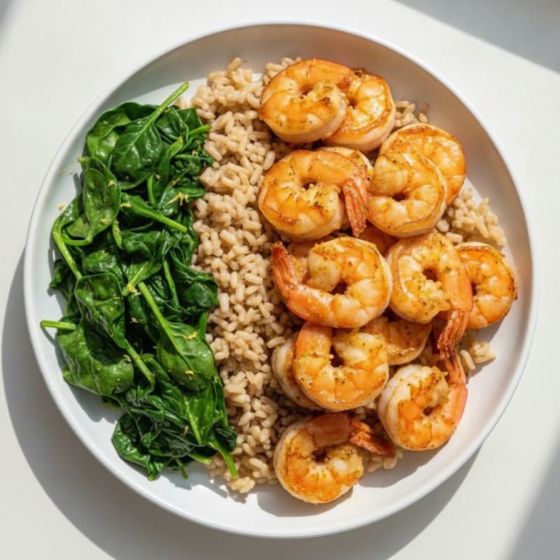 Pan-Seared Shrimp with Brown Rice and Sautéed Spinach