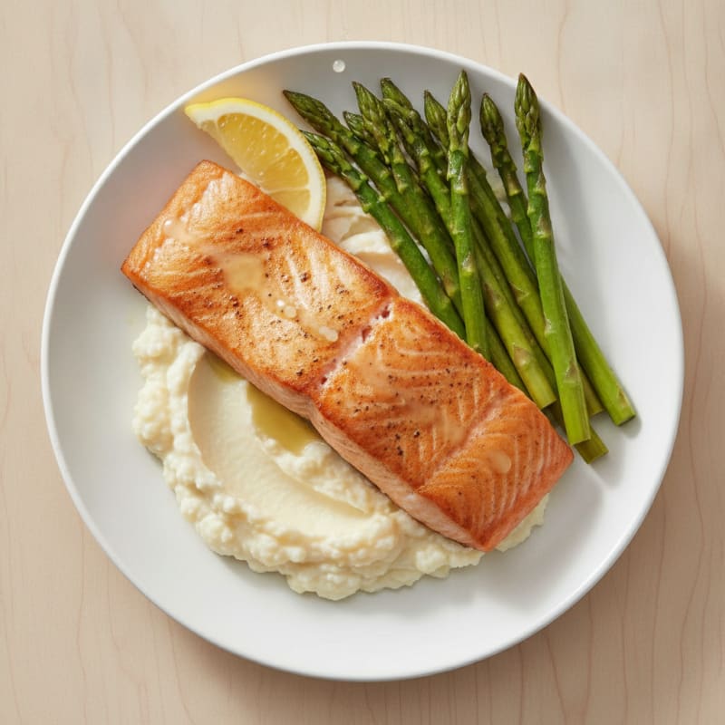 Seared Salmon Fillet with Roasted Asparagus and Cauliflower Mash