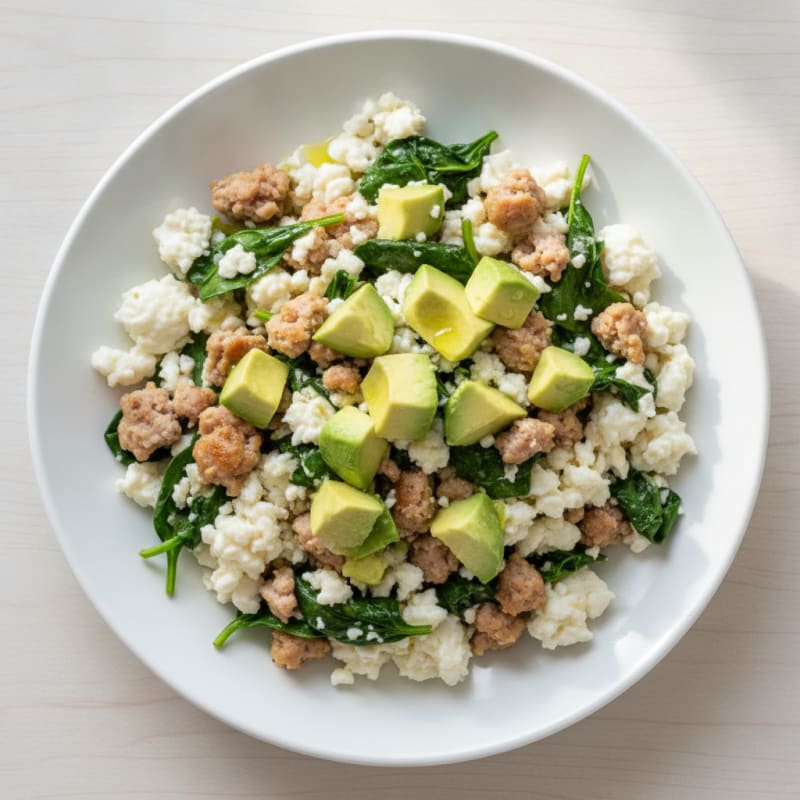 Egg White and Turkey Sausage Scramble with Sautéed Spinach