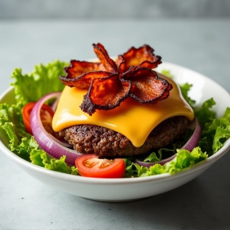 Lean Beef Burger Bowl with Crispy Bacon, Melted Cheddar, and Fresh Greens