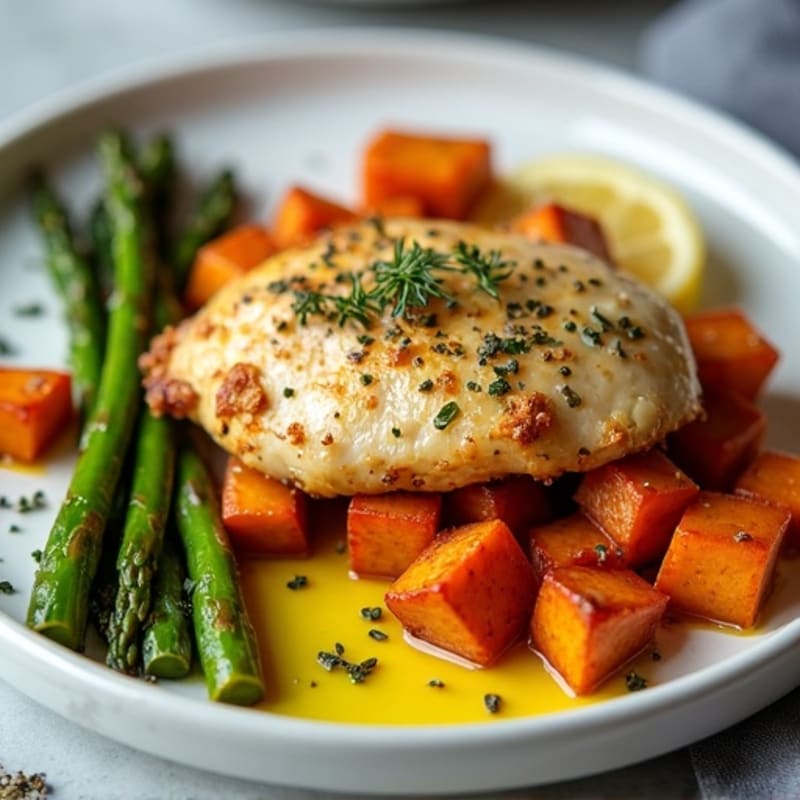 Crispy Lemon-Herb Roasted Chicken with Roasted Asparagus and Sweet Potatoes