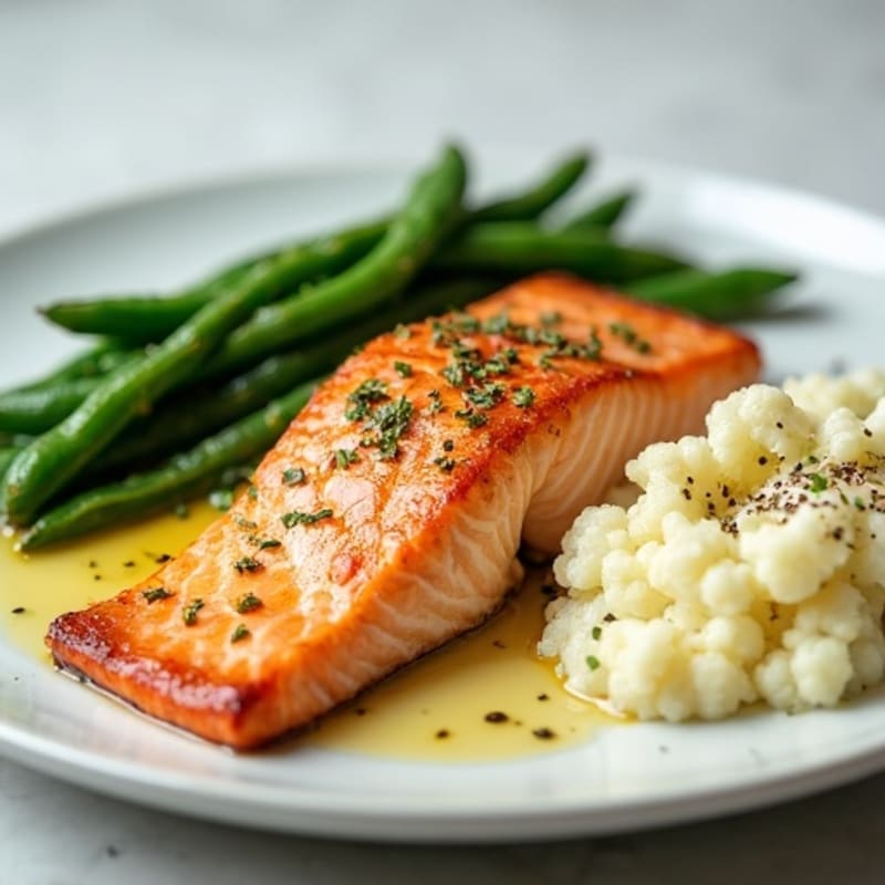 Seared Salmon Fillet with Steamed Green Beans and Cauliflower Mash