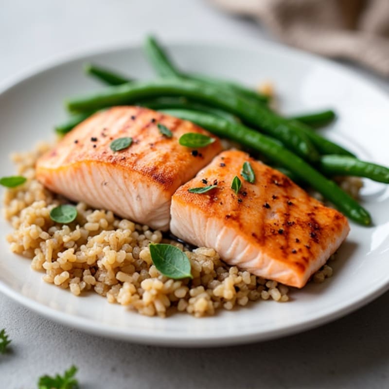 Seared Salmon with Steamed Green Beans and Brown Rice