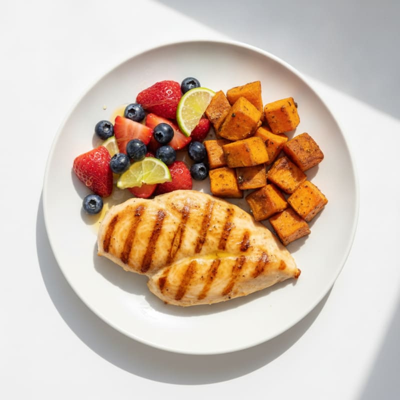 Grilled Chicken Breast with Roasted Sweet Potatoes and Fresh Fruit Salad