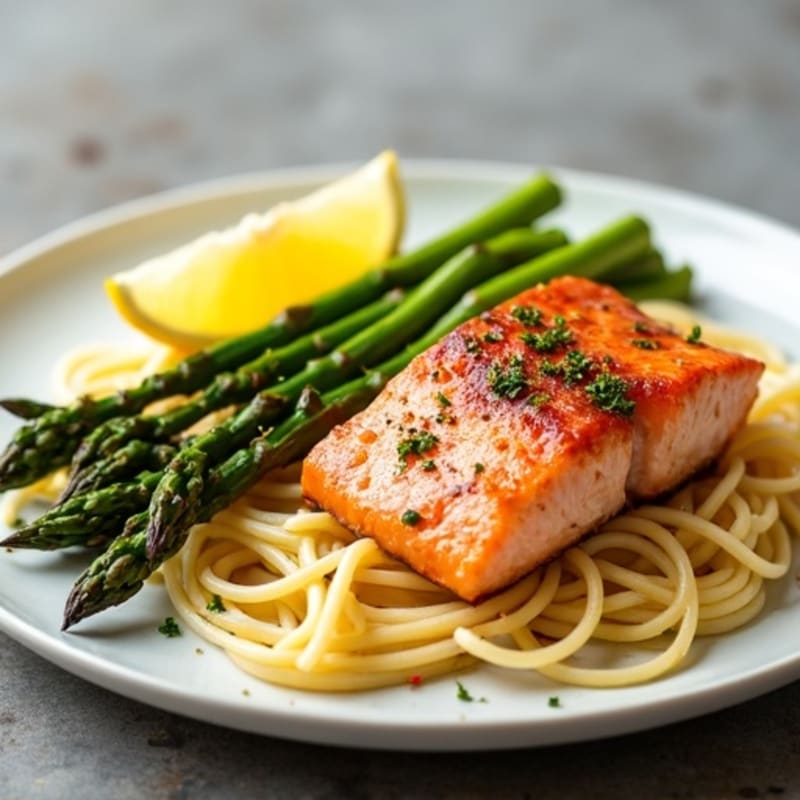 Spicy Lemon Pepper Salmon with Roasted Asparagus and Buttered Egg Noodles