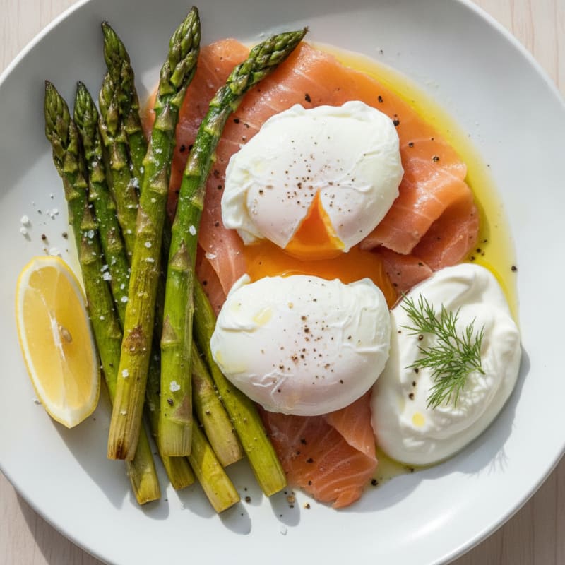 Smoked Salmon and Roasted Asparagus with Poached Eggs
