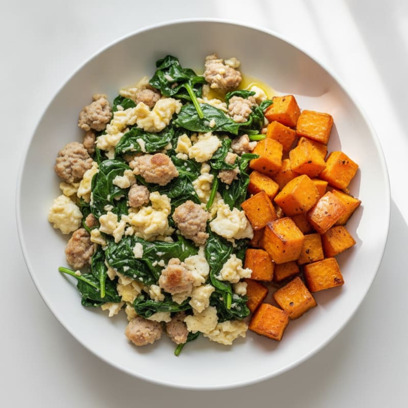 Egg White and Turkey Sausage Scramble with Spinach and Roasted Sweet Potato