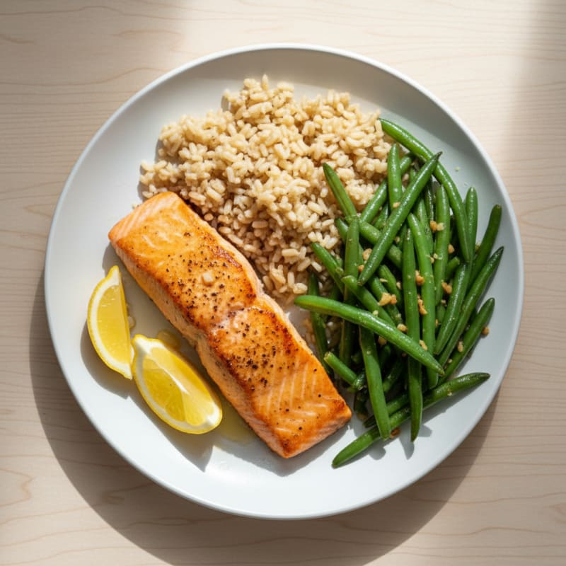 Seared Salmon with Garlic Green Beans and Brown Rice