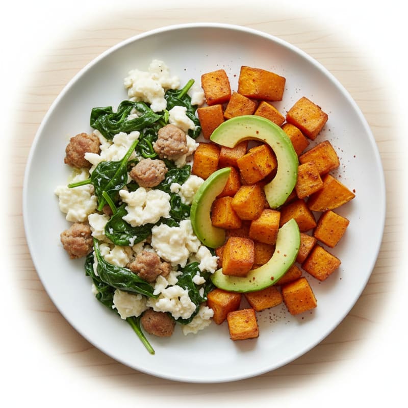 Egg White Chicken Sausage Scramble with Spinach and Roasted Sweet Potatoes