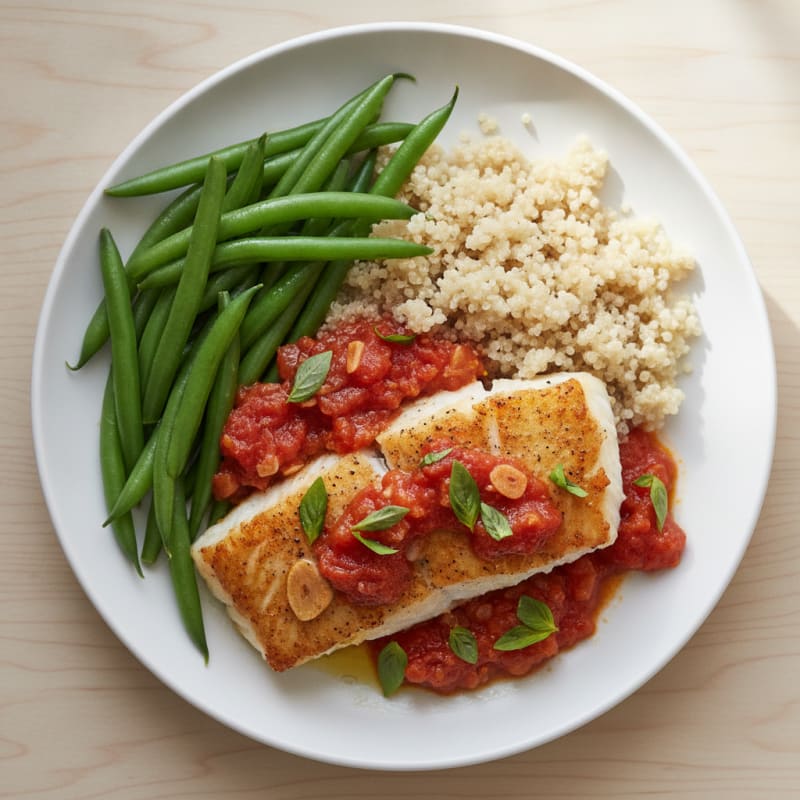 Baked White Fish Fillet with Tomato Basil Sauce and Steamed Green Beans