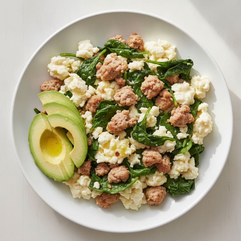 Egg White and Turkey Sausage Scramble with Sautéed Spinach