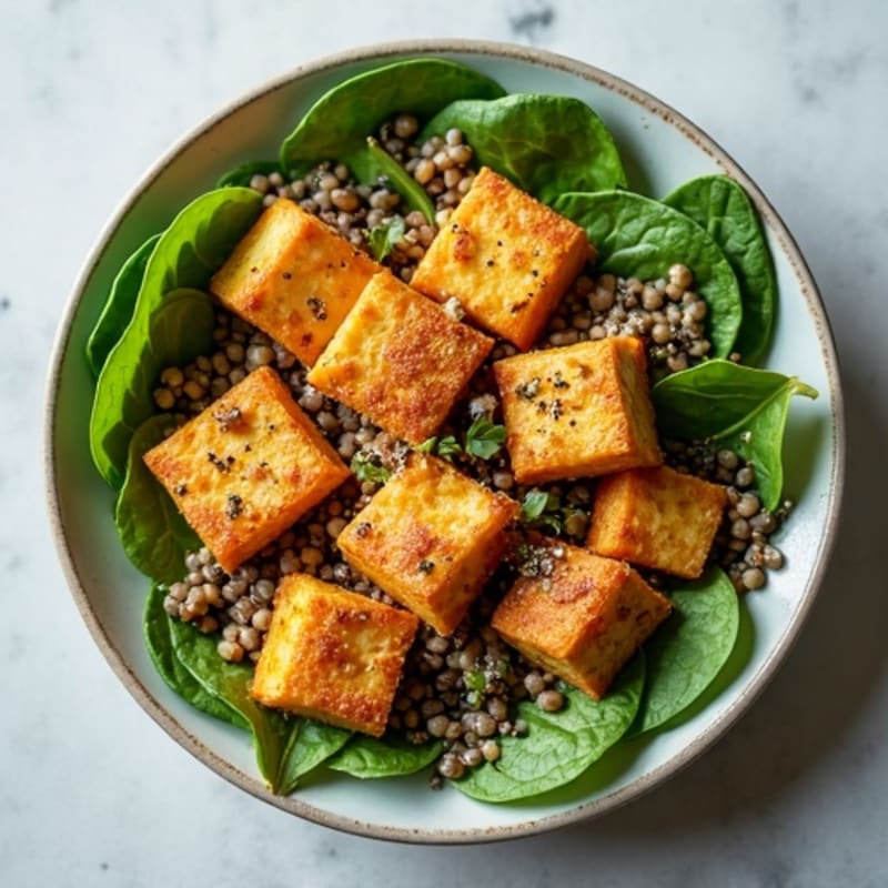 Crispy Tofu and Lentil Power Salad with Fresh Spinach