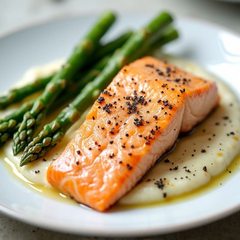 Seared Salmon with Steamed Asparagus and Cauliflower Mash