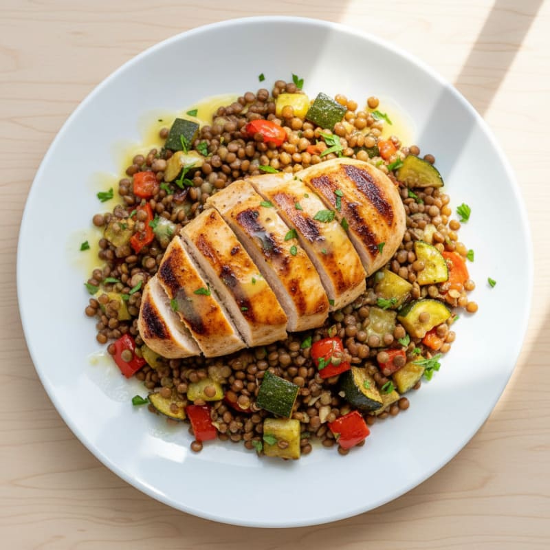 Grilled Chicken Breast with Lentil and Roasted Vegetable Salad
